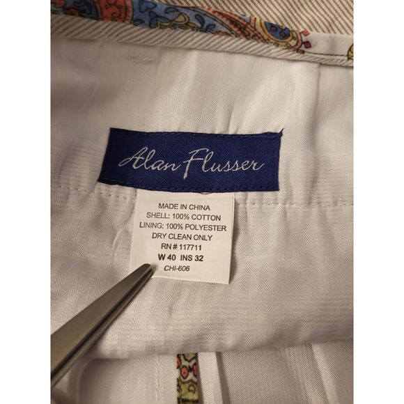 Alan Flusser Men Cream Striped Flat Front Dress Pant Size 40x32 Business Casual - Picture 3 of 6